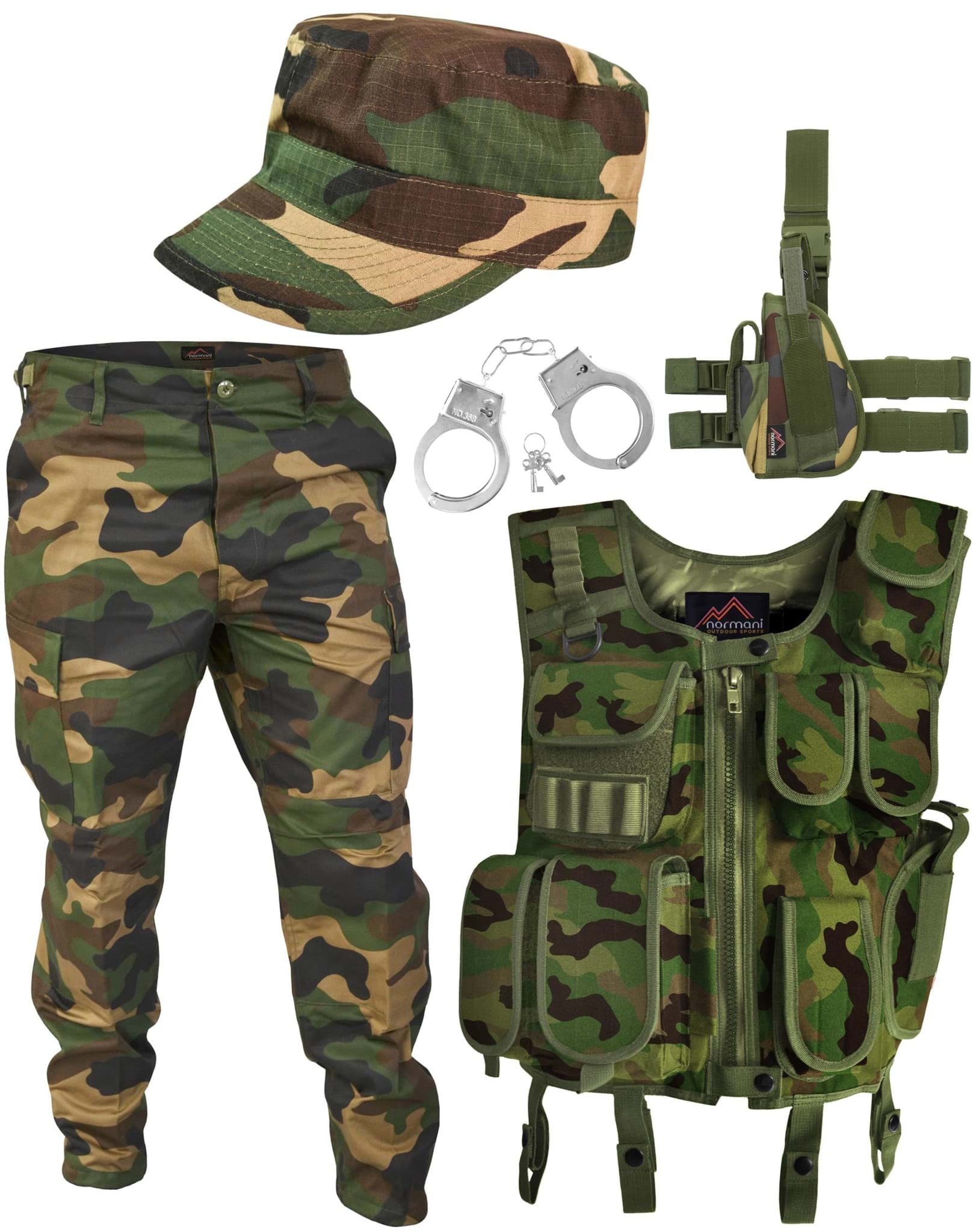 Bild von ARMY Kostüm bestehend aus Weste, Patch, Hose, Holster, Cap und Handschellen Woodland